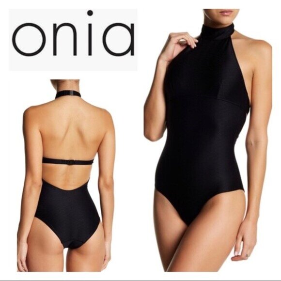 Onia One Piece Swimsuit Wireless Bra-Padded Halter Neck Texture Black - Picture 1 of 13